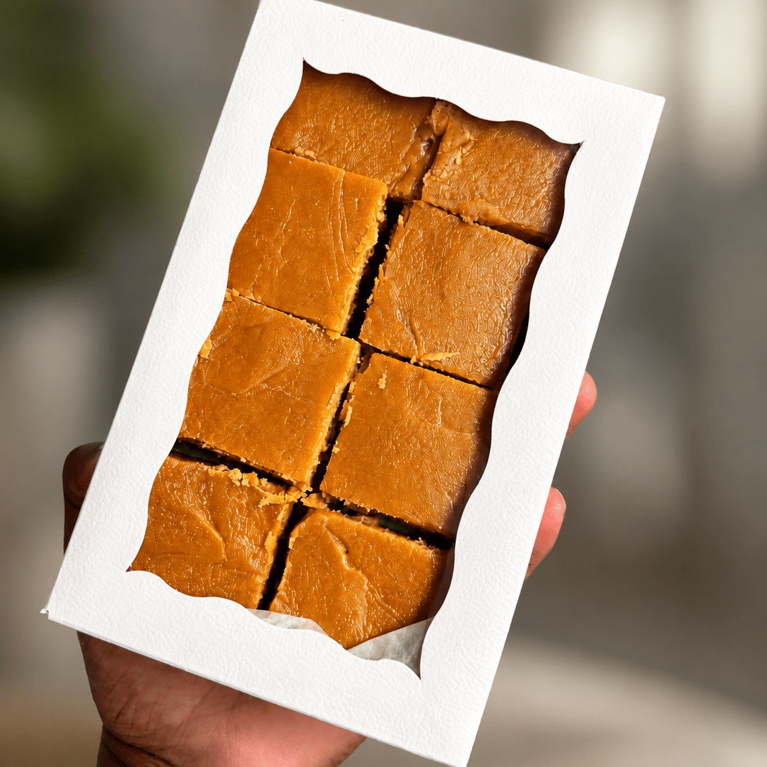 Square pieces of Grenadian coconut fudge on a white paper in a hand against a blurred background